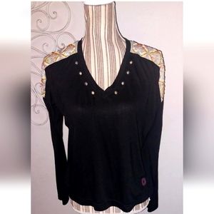 Double D Ranch Black Long Sleeve Beaded Shoulders Grimmet Tunic Top Rayon blend